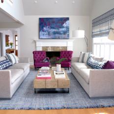 Contemporary Living Room With Purple Art, Armchairs