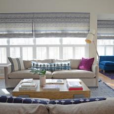 Roman Shades Provide Privacy in Contemporary Living Room