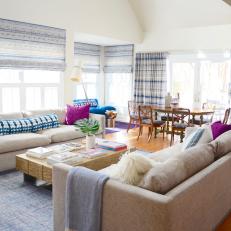 Rich Purple, Blue Pillows Enliven Contemporary Living Room