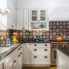 Contemporary White Kitchen With Colorful Spanish Tile Backsplash
