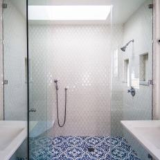 Contemporary White Bathroom With Modern Glass Shower And Mosaic Tile Floor