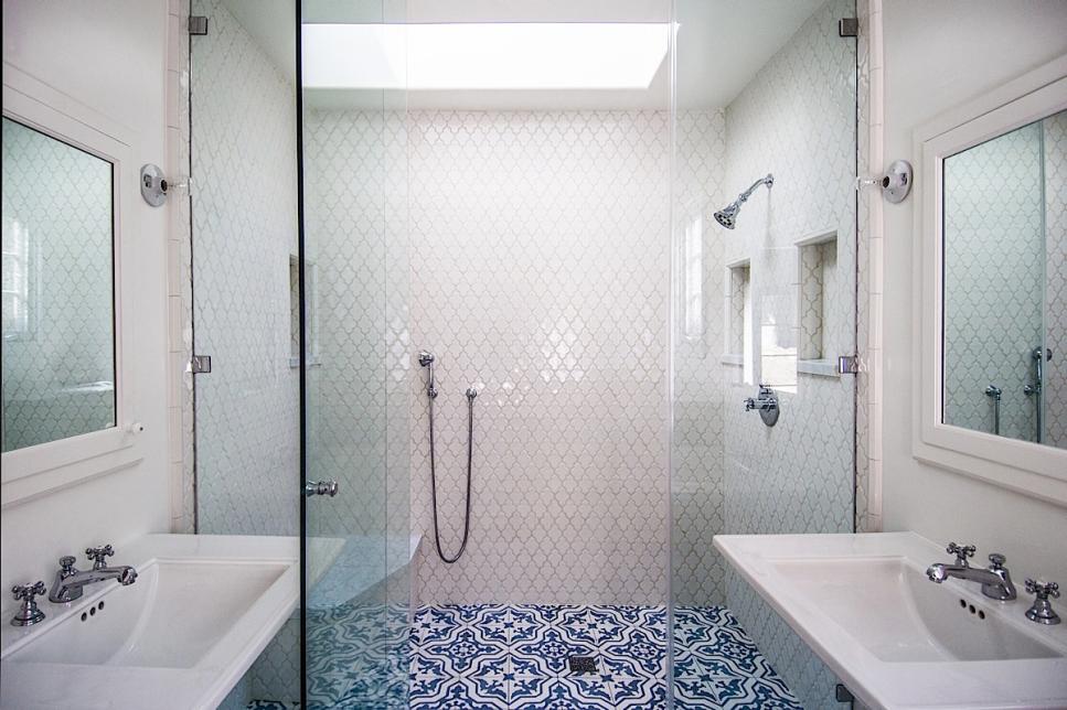 Contemporary White Bathroom With Modern, Contemporary Shower Floor Tile