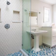 Contemporary White Bathroom With Pedestal Sink And Mosaic Tile Floor