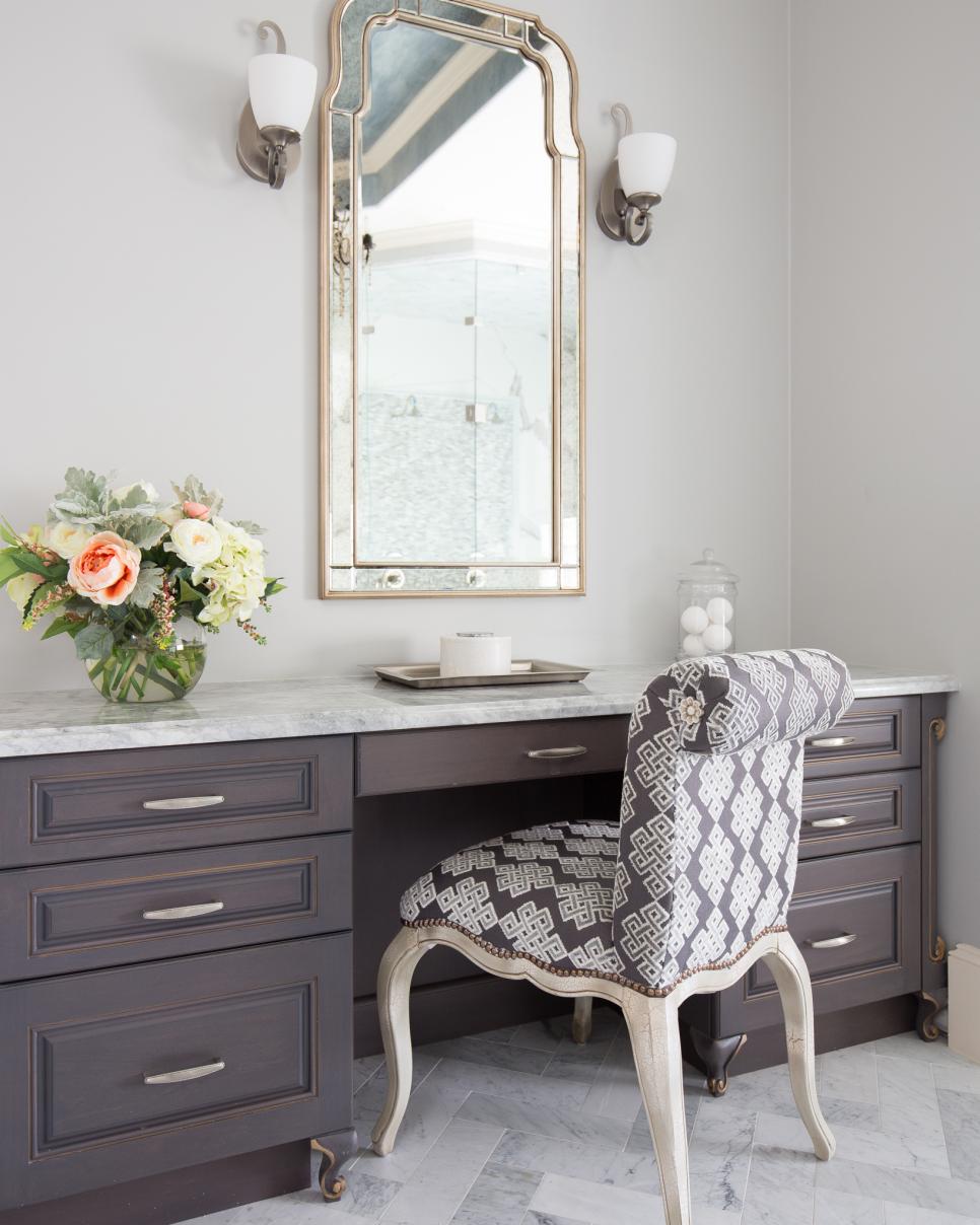 Contemporary White And Gray Master Bathroom Dressing Table Detail With ...