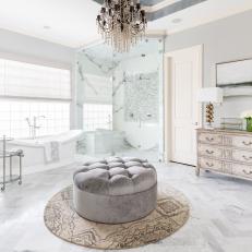 Contemporary White And Gray Master Bathroom With Marble Tile