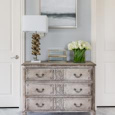 Contemporary White And Gray Master Bathroom Detail With Antique Dresser
