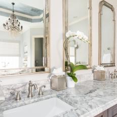 Contemporary White And Gray Master Bathroom With Double Vanity