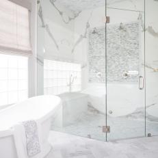 Contemporary White And Gray Master Bathroom With Glass Shower And Tub