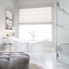 Contemporary White And Gray Master Bathroom With Glass Shower And Soaking Tub