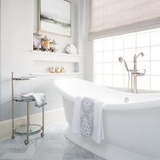 Contemporary White And Gray Master Bathroom With Soaking Tub And Marble Tile