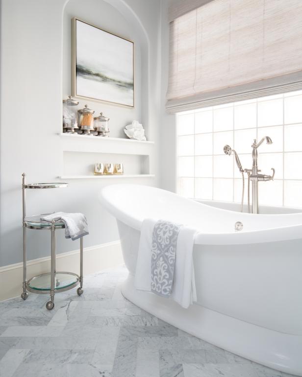 Contemporary White And Gray Master Bathroom With Soaking ...