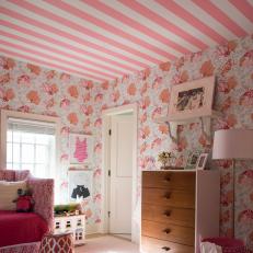 Pink Tropical Girl's Room With Striped Ceiling