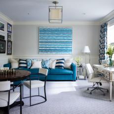 Transitional Game Room With Blue Sofa