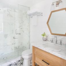 Modern White Cottage Guest Bathroom With Marble And Mosaic Tile Accents
