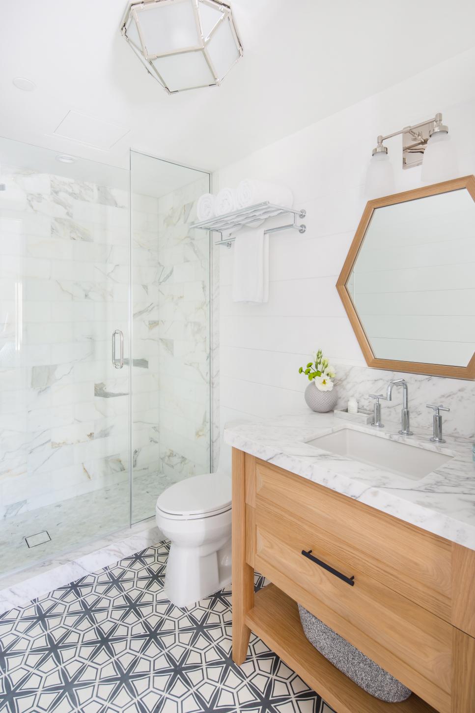 Modern White Cottage Guest Bathroom With Marble And Mosaic Tile Accents