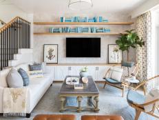 Cottage Living Room With Blue And White Furnishings And Accessories