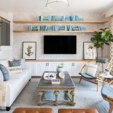 Modern Blue And White Cottage Living Room With Contemporary Furnishings