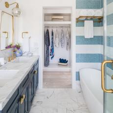 Modern White Cottage Master Bathroom With Blue Double Vanity And Marble And Mosaic Accents