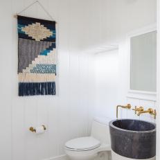 Modern White Cottage Bathroom With Custom Vanity And Mosaic Ceiling