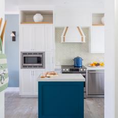 White And Blue Modern Cottage Kitchen With White Cabinets And Kitchen Island