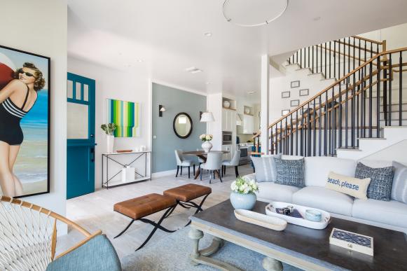 Open Concept Modern White Cottage Living Room With Neutral Furnishings