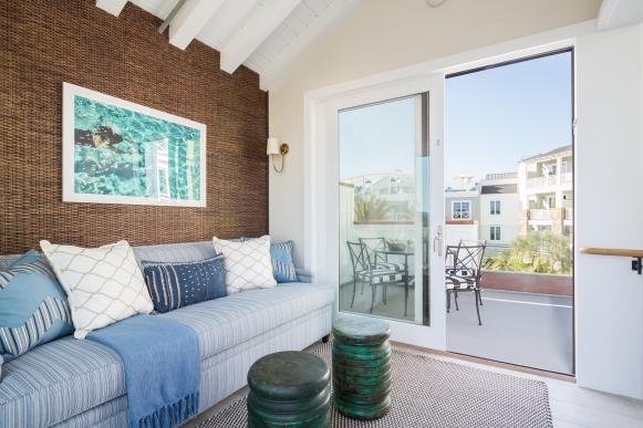 Modern Cottage TV And Living Room With Blue And White Seating