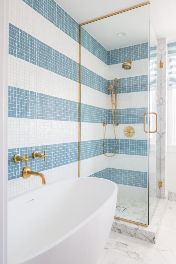 Modern Cottage Master Bathroom With Blue And White Mosaic Tile