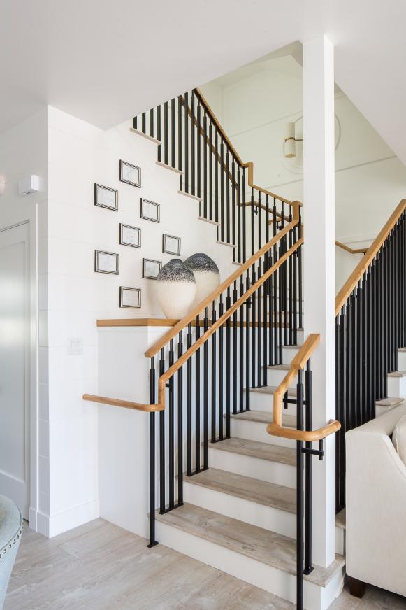 Modern Black And White Stairs With Natural Wood Trim
