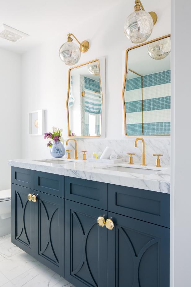 Modern White Cottage Master Bathroom With Blue Double Vanity And Brass