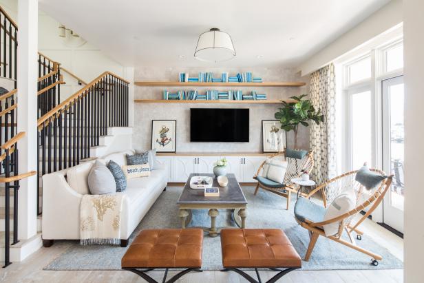 White Cottage Living Room With Modern Furnishings And Neutral Accents