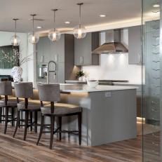 Gray Open Plan Kitchen with Wine Rack