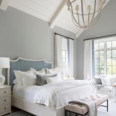 Traditional White And Gray Master Bedroom With Upholstered Headboard And Chandelier