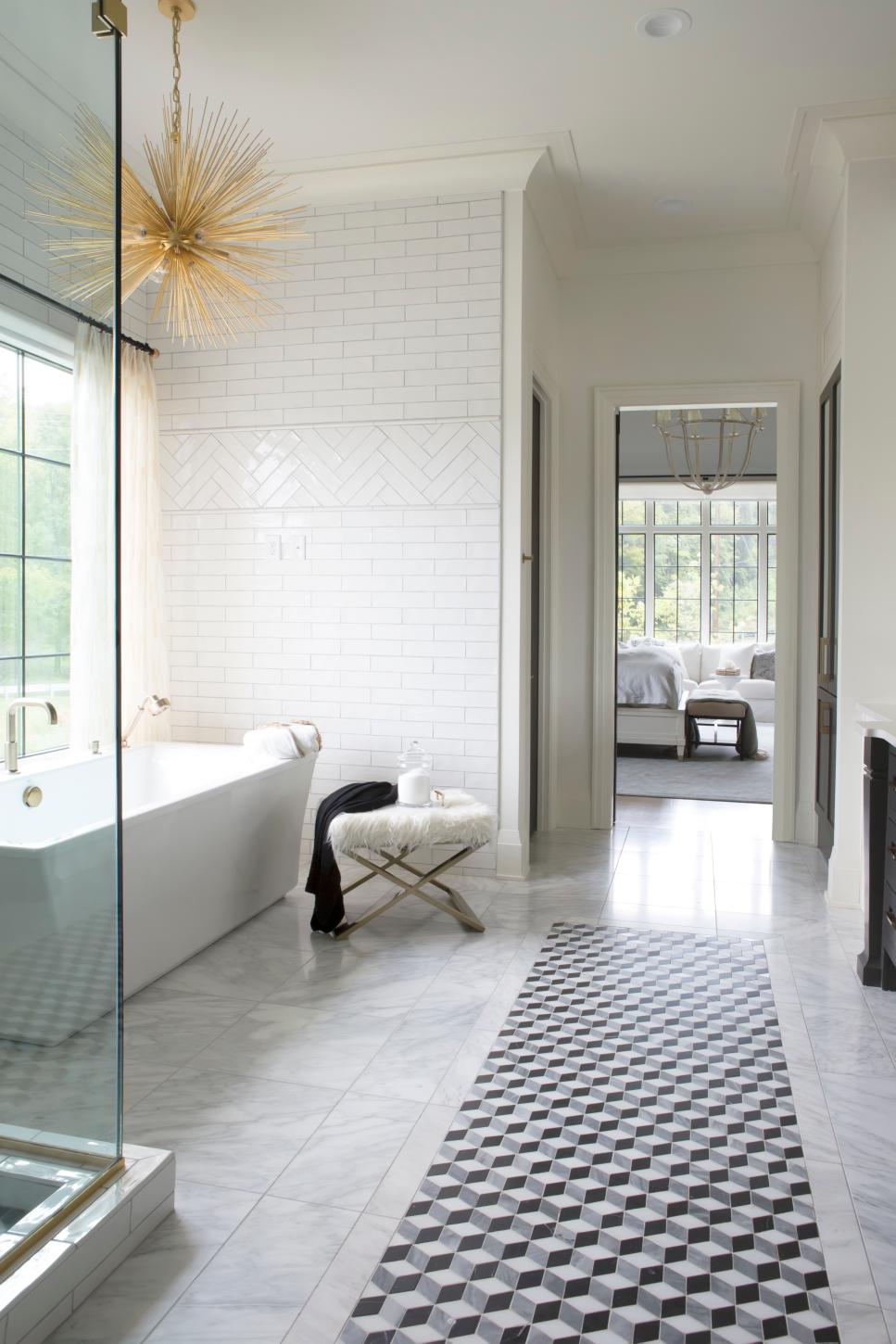 Traditional White Master Bathroom With White Subway Tile And Modern