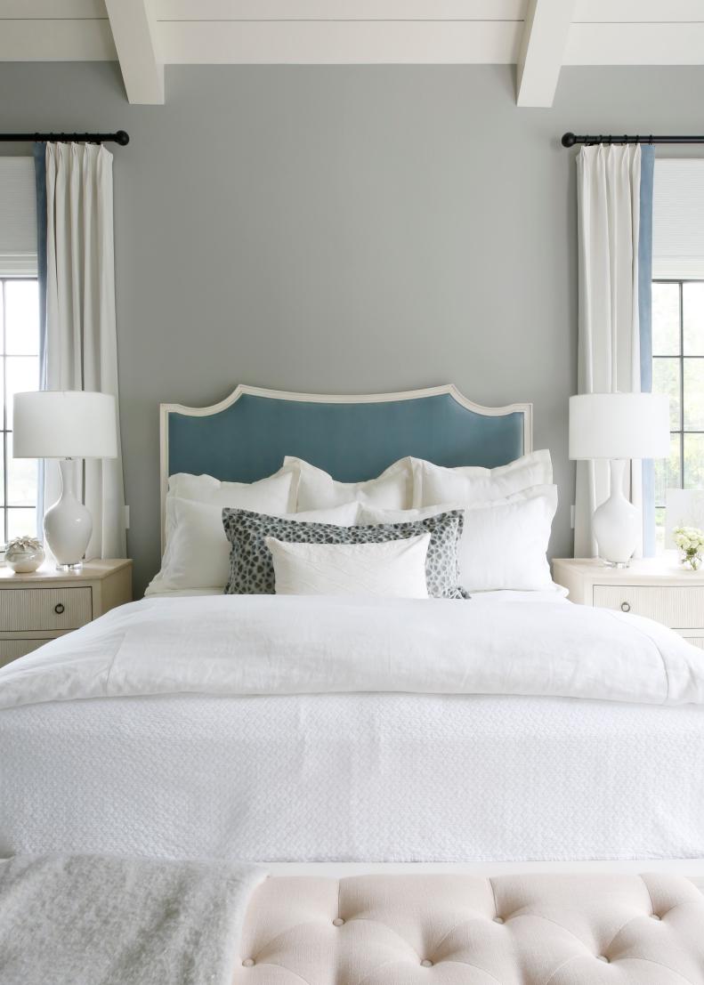 Traditional Master Bedroom With Gray Walls And Blue And White Bedding