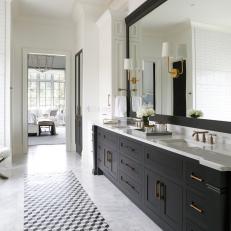 Traditional Black And White Master Bathroom With Double Vanity And Marble And Mosaic Tile