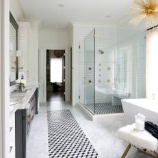 Traditional White Master Bathroom With Contemporary Details And Mosaic Tile