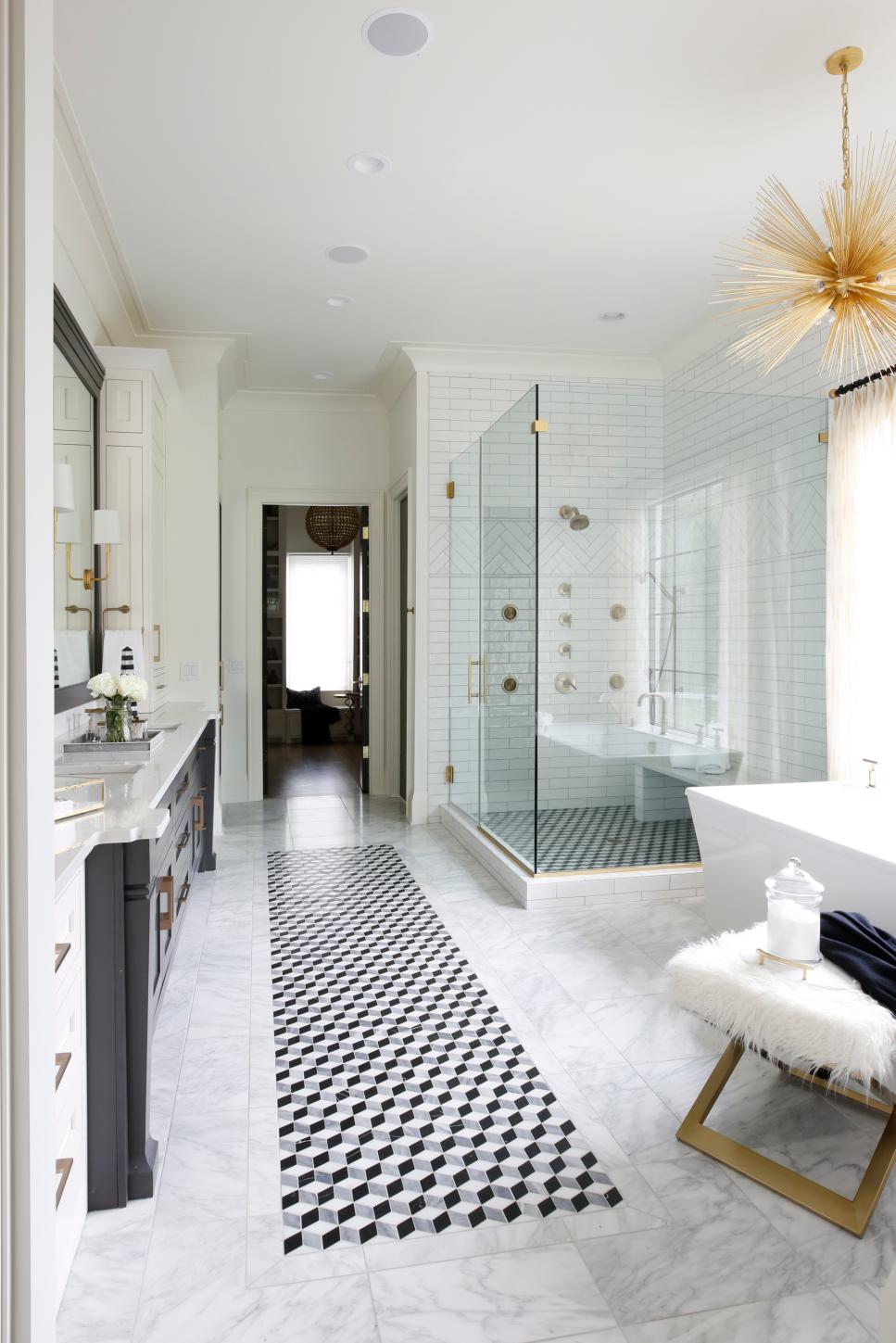 Traditional White Master Bathroom With Contemporary Details And Mosaic