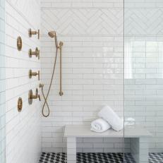 Traditional Master Bathroom Glass Shower With Contemporary Brass Fixtures And Mosaic Tile