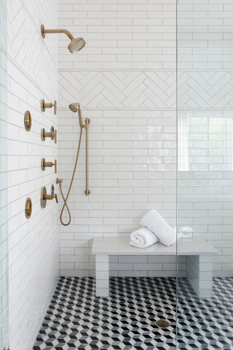Traditional Master Bathroom Glass Shower With Contemporary Brass Fixtures And Mosaic Tile Traditional Master Bathroom Glass Shower Detail With Tile Details