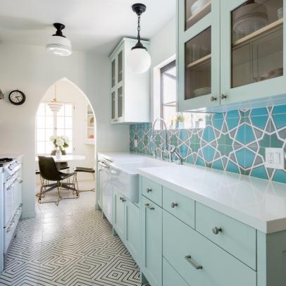 Eclectic Galley Kitchen With Mint Blue Cabinets