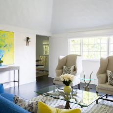 Multicolored Contemporary Living Room With Yellow Art