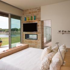Neutral Contemporary Bedroom With Pond View