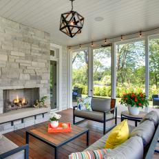Screen Porch With Stone Fireplace