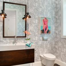 Neutral Contemporary Bathroom With Pink Art