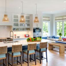 Transitional Neutral Eat-In Kitchen With Blue Banquette