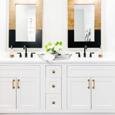 Neutral Bathroom With Two-Toned Mirrors
