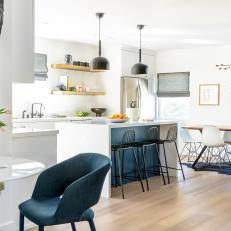 Contemporary Open Plan Kitchen and Blue Linen Chair