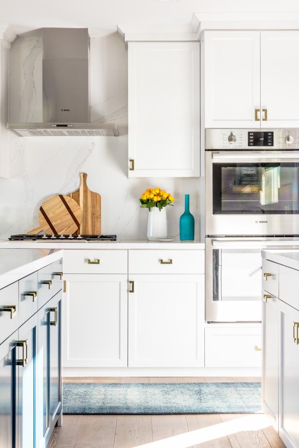 White and Blue Kitchen With Rug | HGTV