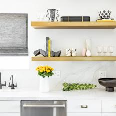Kitchen Countertop and Open Gold Shelves