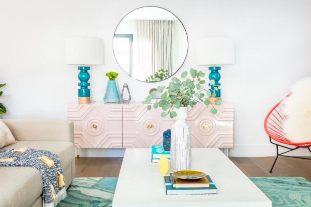 Living Room With Pink Cabinet